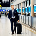 ** A stylish Polish businessman, wearing a Seiko Astron GPS Solar, confidently walking through Warsaw Chopin Airport, luggage in hand. The background shows blurred airport activity. Focus on elegance and travel.

**