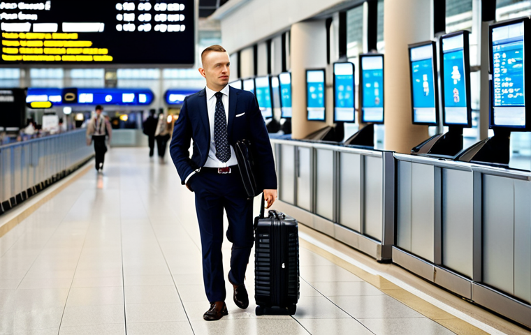 ** A stylish Polish businessman, wearing a Seiko Astron GPS Solar, confidently walking through Warsaw Chopin Airport, luggage in hand. The background shows blurred airport activity. Focus on elegance and travel.
**