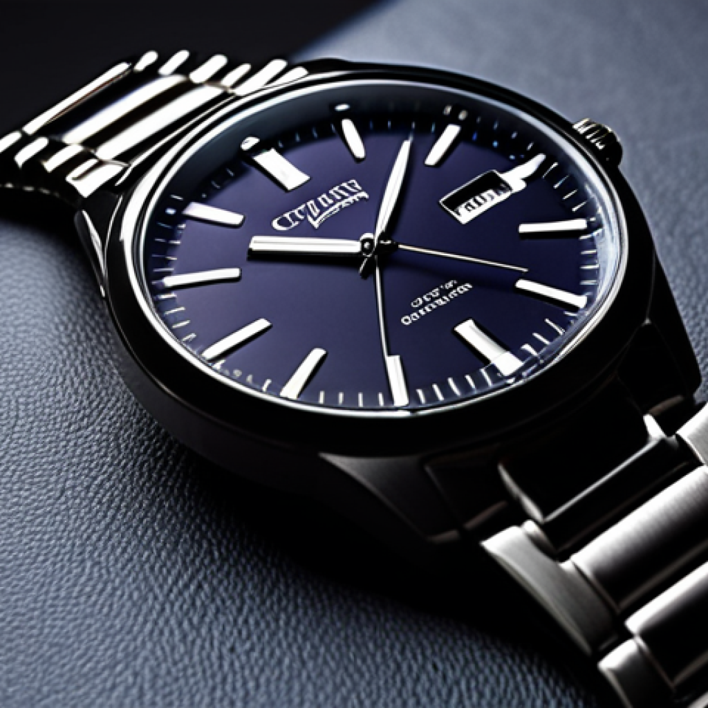 **

A close-up shot of a Citizen Eco-Drive watch with a minimalist design. The watch face should be visible, highlighting its elegant and clean aesthetics. Focus on the solar panel integrated into the dial. The background should be blurred to emphasize the watch. Aim for a professional and sophisticated feel.

**